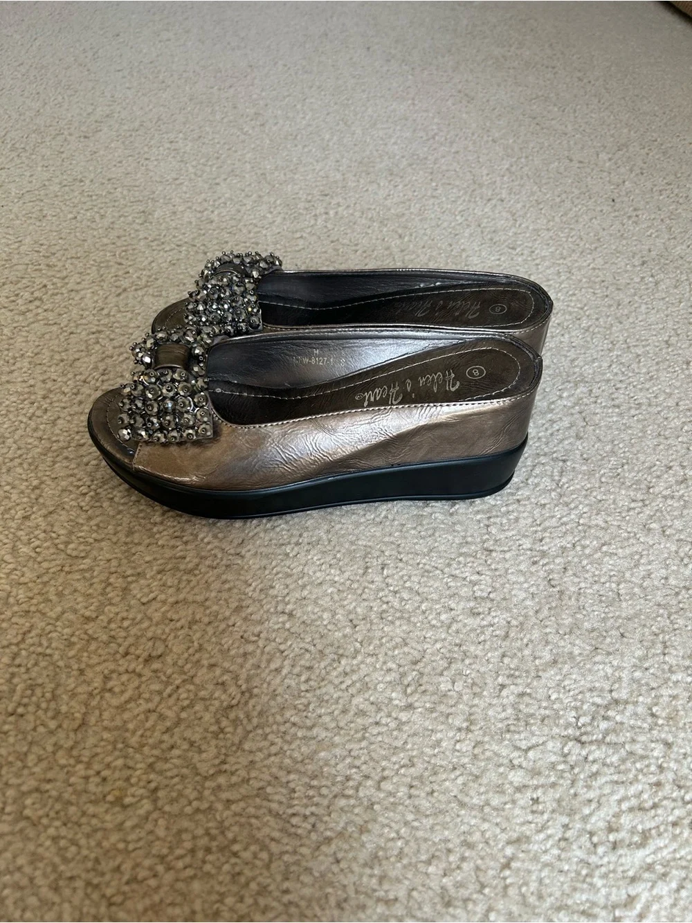 Embellished Pewter Bow Slide Sandals by Palm Flats